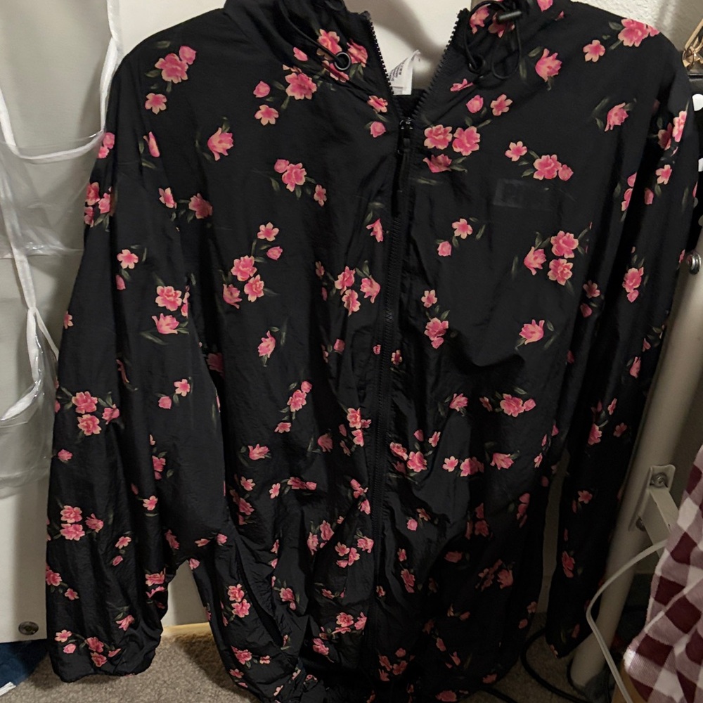 RARE PINK Victoria's Secret Black Anorak Jacket with Pink Floral Print